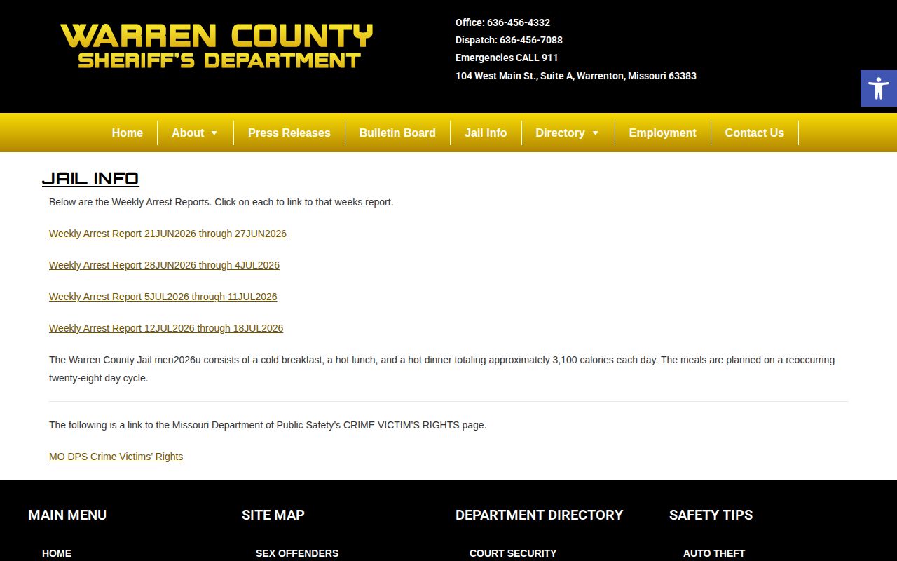 Warren County Sheriff Jail Info page showing weekly arrest reports