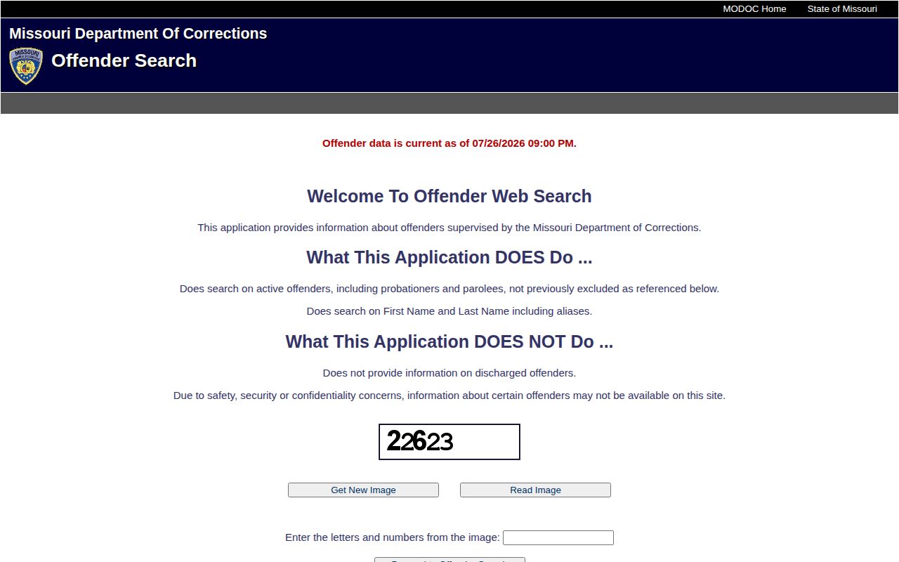 Missouri Department of Corrections active offender search page