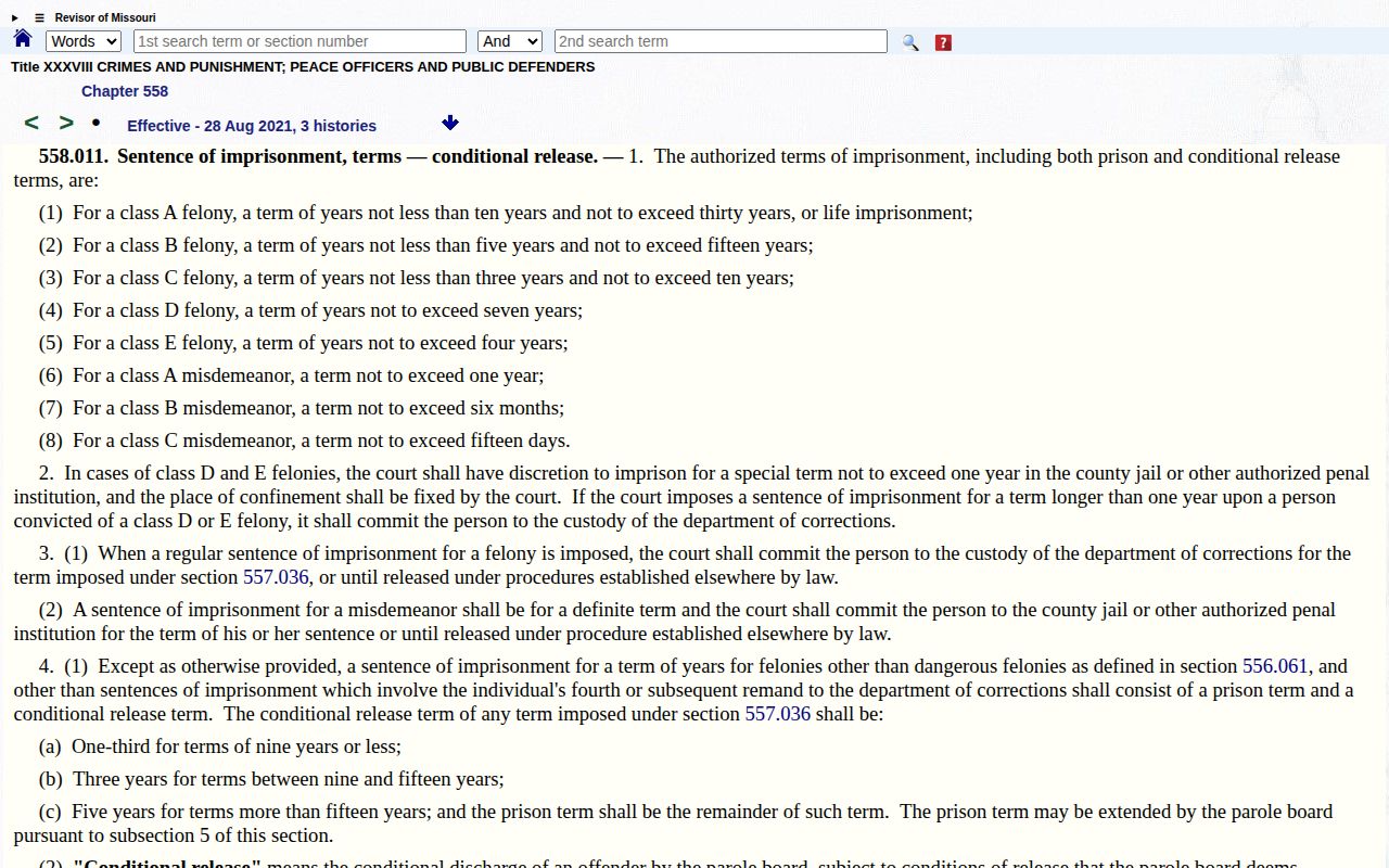 Warren County projected release date Missouri prison statute